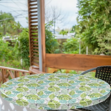 Ambesonne Leaves Fitted Round Tablecloth, Ornate Doodle Birds, 40"- 44" Diameter, Charcoal Grey Pale Green