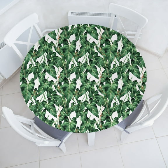 Ambesonne Leaves Fitted Round Tablecloth, Tropical Botany Leafy Garden, 56"- 60" Diameter, Green Cinnamon and White