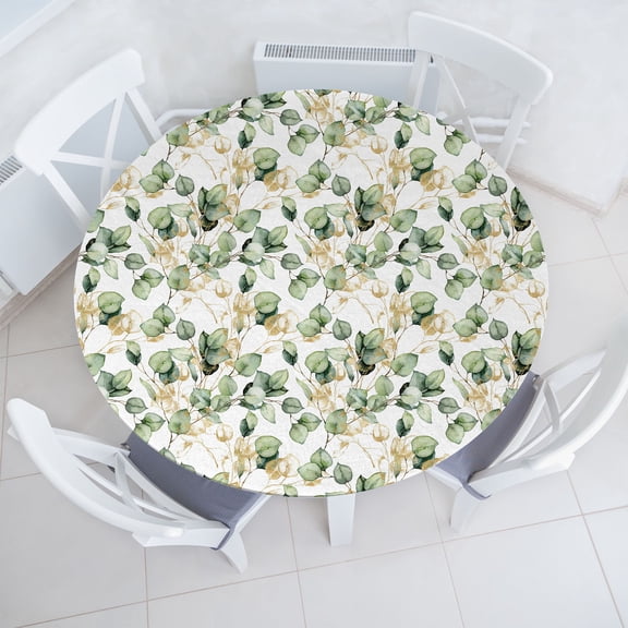 Ambesonne Leaves Fitted Round Tablecloth, Tropical Eucalyptus Pattern, 36"- 40" Diameter, Camel Reseda Green White