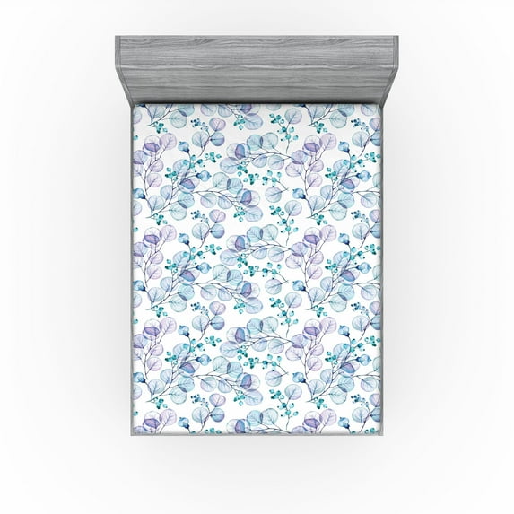 Ambesonne Leaves Fitted Sheet, Branches Circular Leaf Print, King Size, Turquoise Lilac and White
