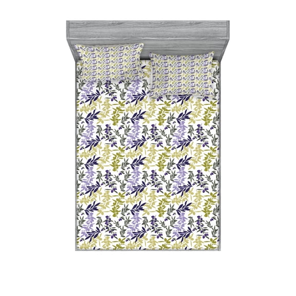 Ambesonne Leaves Fitted Sheet & Pillow Sham Set, Abstract Olive Tree Branches, Full, Multicolor