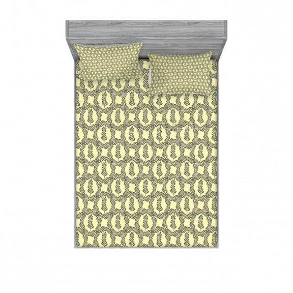 Ambesonne Leaves Fitted Sheet & Pillow Sham Set, Circle Vivid Leafy Branches, Full, Pale Yellow Apple Green