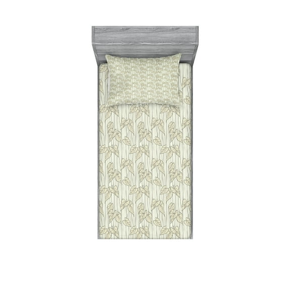 Ambesonne Leaves Fitted Sheet & Pillow Sham Set, Curled Leaf Pattern Nature, Twin, Pale Taupe Grey Eggshell