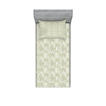 Ambesonne Leaves Fitted Sheet & Pillow Sham Set, Curled Leaf Pattern Nature, Twinxl, Pale Taupe Grey Eggshell