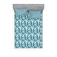 thumbnail image 1 of Ambesonne Leaves Fitted Sheet & Pillow Sham Set, Exotic Brazilian Foliage, Full, Aqua Dark Teal and White, 1 of 2
