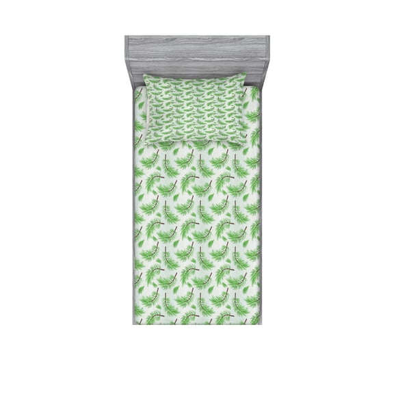 Ambesonne Leaves Fitted Sheet & Pillow Sham Set, Falling Pine Tree Branches, Twin, Lime Green Fern Green