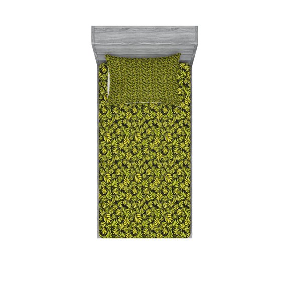 Ambesonne Leaves Fitted Sheet & Pillow Sham Set, Hawaiian Tropical Greenery, Twin, Yellow Green and Black