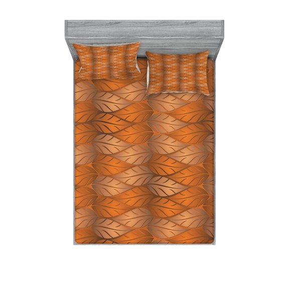 Ambesonne Leaves Fitted Sheet & Pillow Sham Set, Nature Autumn, Queen, Pale Caramel Ginger