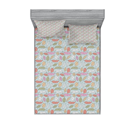 Ambesonne Leaves Fitted Sheet & Pillow Sham Set, Pastel Colored Fall Foliage, Queen, Multicolor