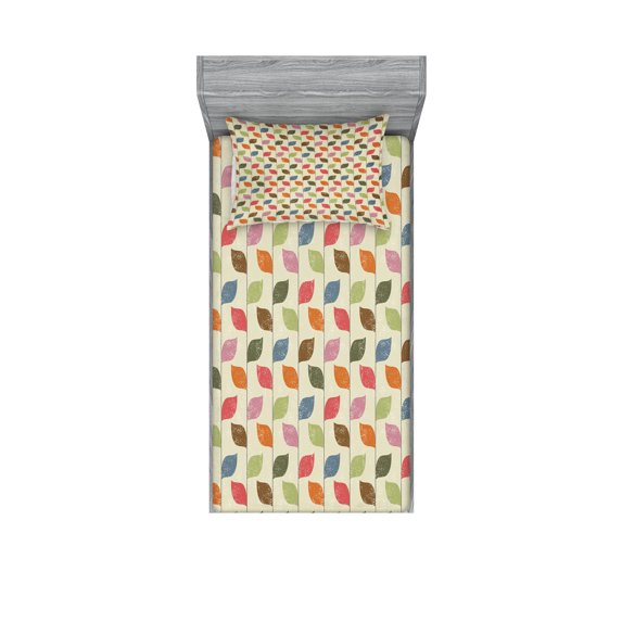 Ambesonne Leaves Fitted Sheet & Pillow Sham Set, Simplistic Autumn Nature, Twin, Multicolor