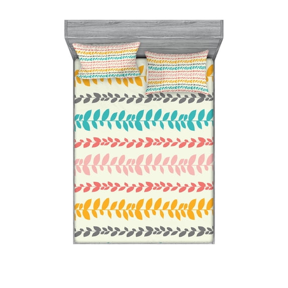 Ambesonne Leaves Fitted Sheet & Pillow Sham Set, Traditional Aztec Folklore, Full, Multicolor