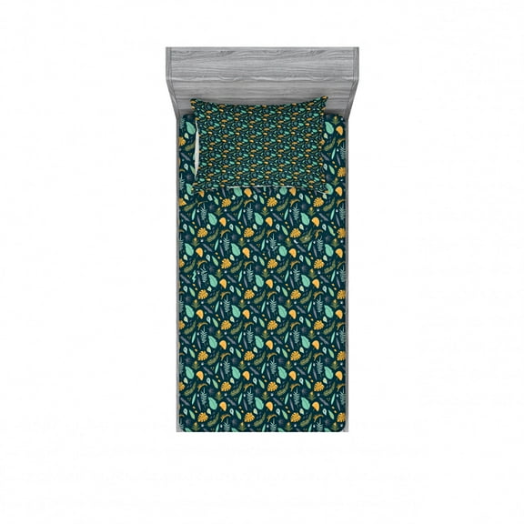 Ambesonne Leaves Fitted Sheet & Pillow Sham Set, Tropical Plants Pattern, Twin, Multicolor