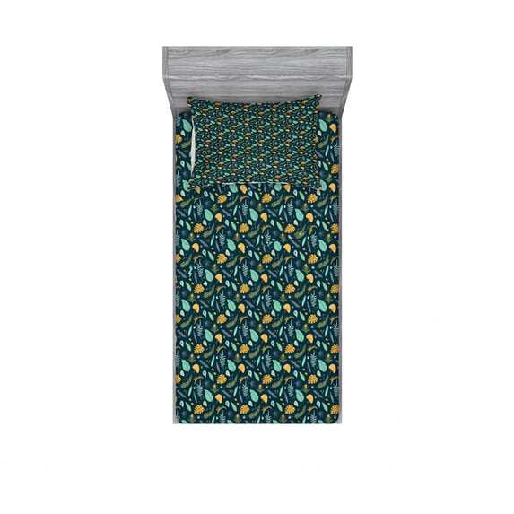 Ambesonne Leaves Fitted Sheet & Pillow Sham Set, Tropical Plants Pattern, Twin, Multicolor