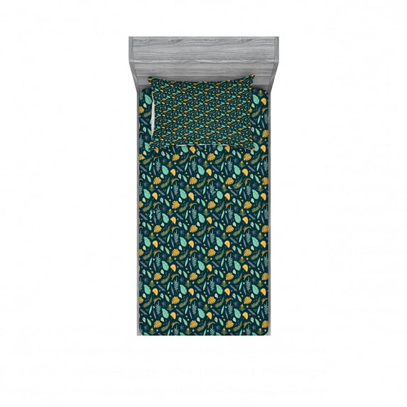 Ambesonne Leaves Fitted Sheet & Pillow Sham Set, Tropical Plants Pattern, Twinxl, Multicolor