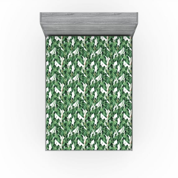 Ambesonne Leaves Fitted Sheet, Tropical Botany Leafy Garden, California King, Green Cinnamon and White