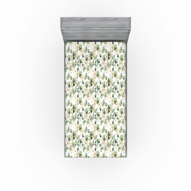 Ambesonne Leaves Fitted Sheet, Tropical Eucalyptus Pattern, Twin Size, Camel Reseda Green White
