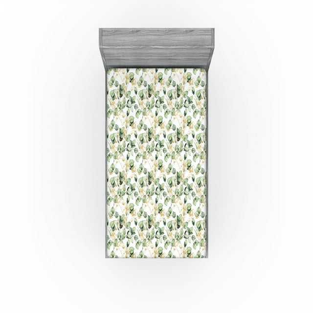 Ambesonne Leaves Fitted Sheet, Tropical Eucalyptus Pattern, Twin Size, Camel Reseda Green White