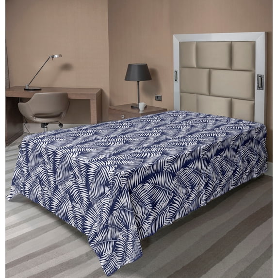 Ambesonne Leaves Flat Bedding Sheet Soft Top Sheet, Navy Aloha Leaf Botanical, Twin, Navy Blue and White
