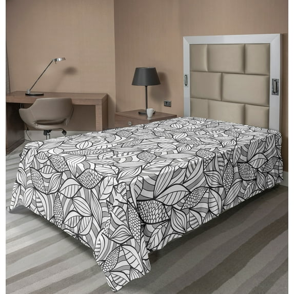 Ambesonne Leaves Flat Sheet, Abstract Doodle Foliage, Twin Size, Grey Black White
