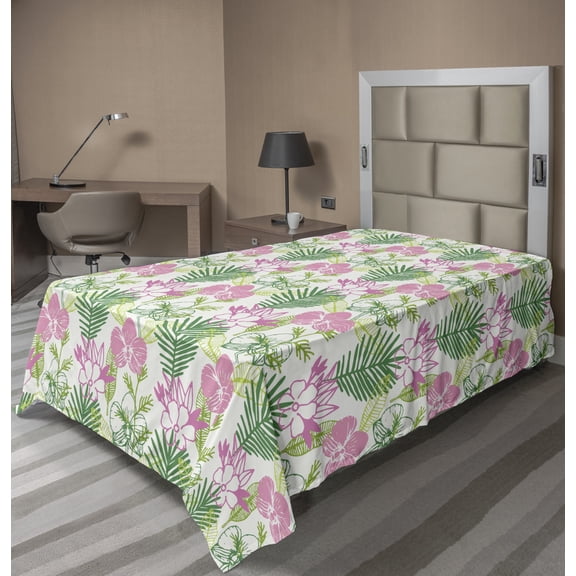 Ambesonne Leaves Flat Sheet, Blossom Flowers Pinnation, Twin Size, White and Multicolor