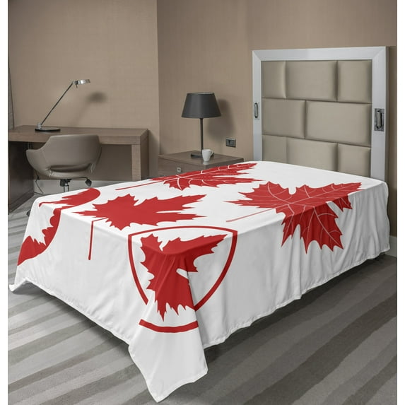 Ambesonne Leaves Flat Sheet, Canadian Flag Motifs, TwinXL Size, Coral and White