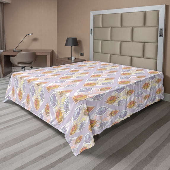 Ambesonne Leaves Flat Sheet, Cartoon Style Foliage, King Size, Multicolor