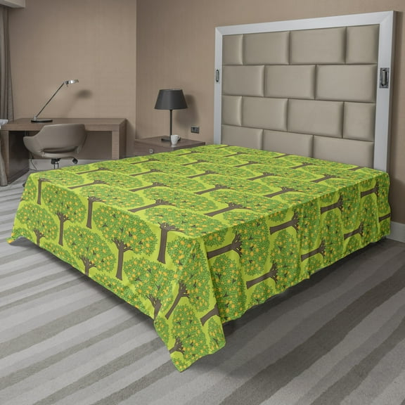 Ambesonne Leaves Flat Sheet, Cartoon Style Oranges Flora, Queen Size, Yellow Green Earth Yellow