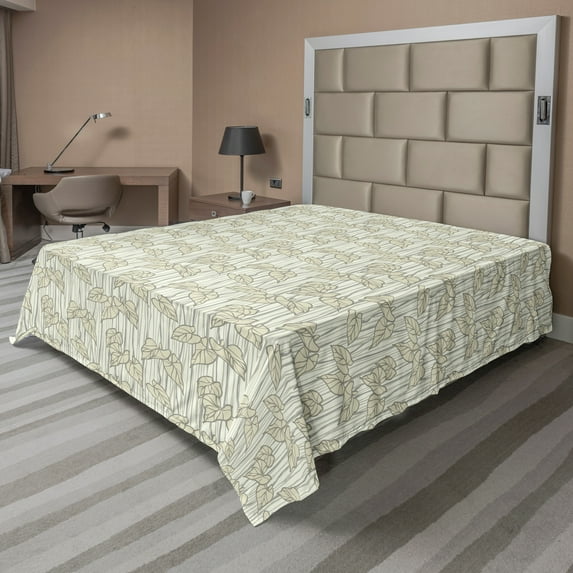 Ambesonne Leaves Flat Sheet, Curled Leaf Pattern Nature, Queen Size, Pale Taupe Grey Eggshell