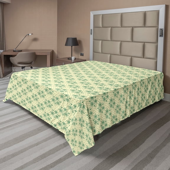 Ambesonne Leaves Flat Sheet, Dotted Pale Background, Queen Size, Fern Green and Beige