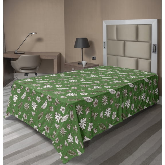 Ambesonne Leaves Flat Sheet, Hand Drawn Palm and Monstera, Twin Size, Green Brown and White