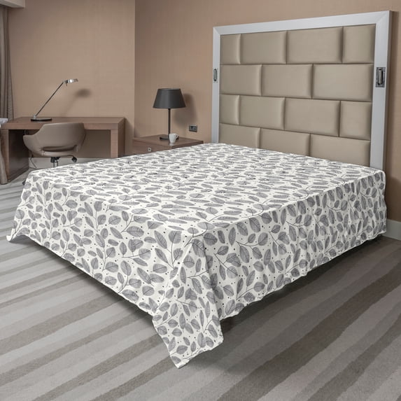 Ambesonne Leaves Flat Sheet, Ornamental Minimal Woods, California King, Ivory and Grey