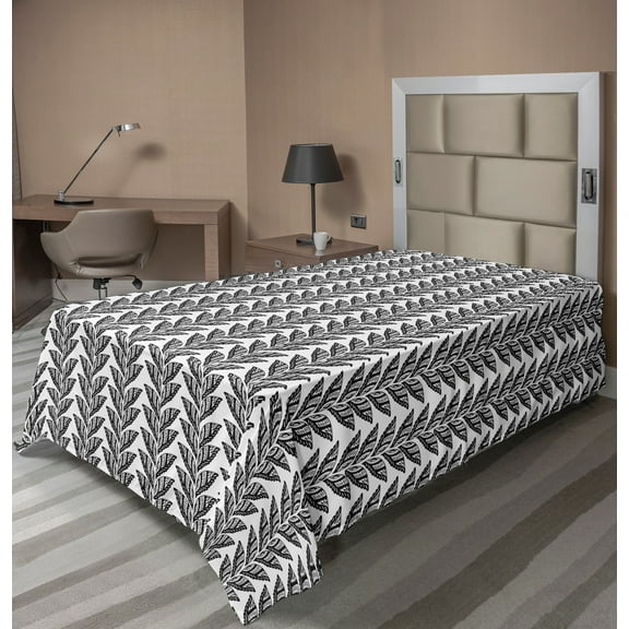 Ambesonne Leaves Flat Sheet, Ornamental Style Ethnic Art, Twin Size, Black and White