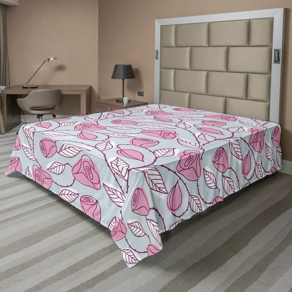 Ambesonne Leaves Flat Sheet, Pastel Sketch Leaves Motif, Queen Size, Pale Blue Pale Pink