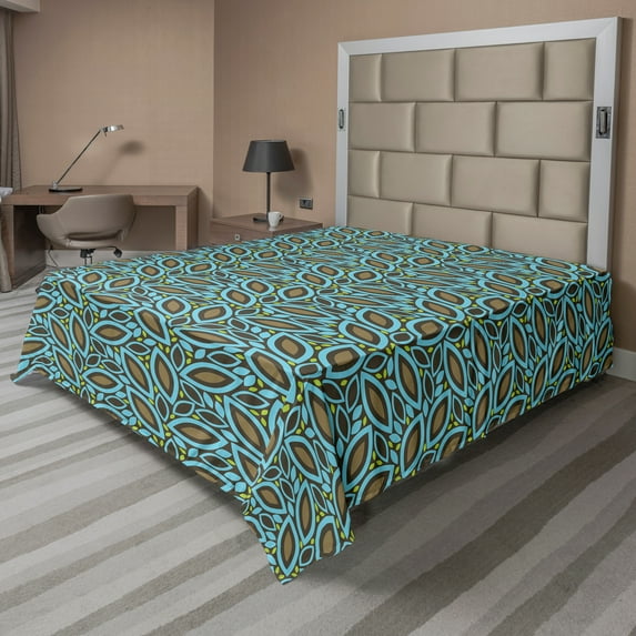 Ambesonne Leaves Flat Sheet, Retro Foliage Pattern, Full Size, Taupe Blue Green