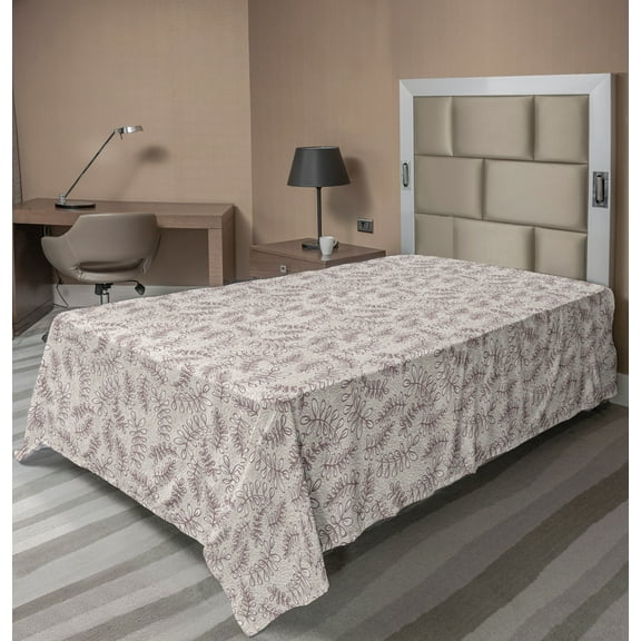 Ambesonne Leaves Flat Sheet, Sketch Style Foliage, TwinXL Size, Taupe Beige