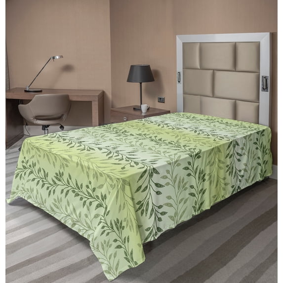 Ambesonne Leaves Flat Sheet, Venetian Inspired Flora, Twin Size, Green Pale Green