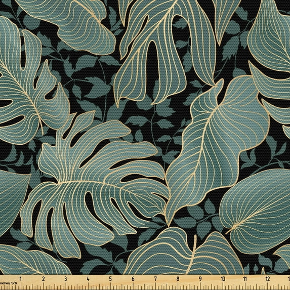 Ambesonne Leaves Greenery Fabric by the Yard Upholstery, Exotic Monstera Art, 2 Yards, Peacock Green Mustard