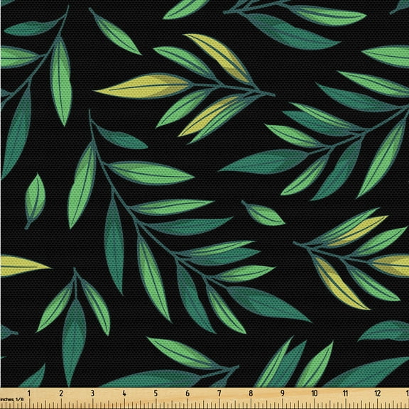 Ambesonne Leaves Greenery Fabric by the Yard Upholstery, Leafy Pattern Boho, 2 Yards, Fern Green Charcoal Grey