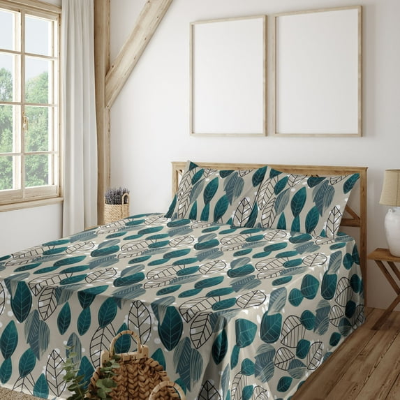 Ambesonne Leaves Greenery Fitted & Flat Sheet with Shams 4 Pcs Set, Simple Leafy Design, King, Petrol Blue Pale Khaki