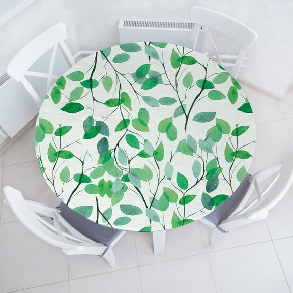 Ambesonne Leaves Greenery Fitted Round Tablecloth, Art Modern Branches, 56"- 60" Diameter, White Sea Green and Seafoam