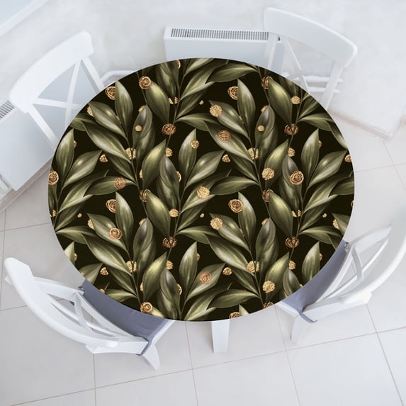 Ambesonne Leaves Greenery Fitted Round Tablecloth, Art Realist Leaf, 40"- 44" Diameter, Pale Olive Green