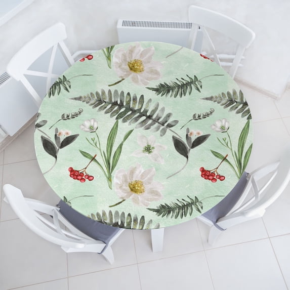 Ambesonne Leaves Greenery Fitted Round Tablecloth, Meadow Leafy Art, 45"- 56" Diameter, Almond Green Laurel Green