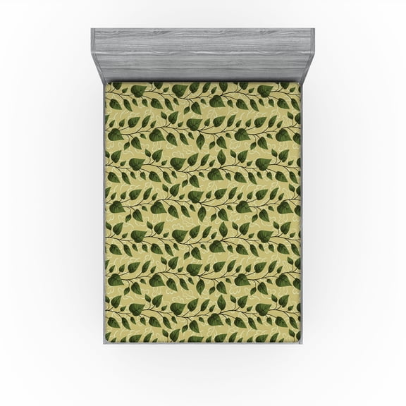 Ambesonne Leaves Greenery Fitted Sheet, Horizontal Leaf Art, Full Size, Avocado Green and Fern Green