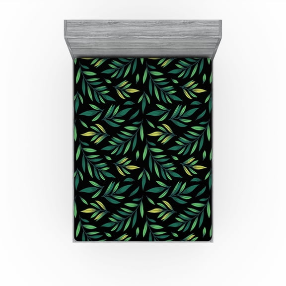 Ambesonne Leaves Greenery Fitted Sheet, Leafy Pattern Boho, California King, Fern Green Charcoal Grey