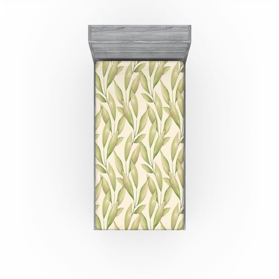 Ambesonne Leaves Greenery Fitted Sheet, Vertical Leafy Art, Twin Size, Pistachio Green and Eggshell