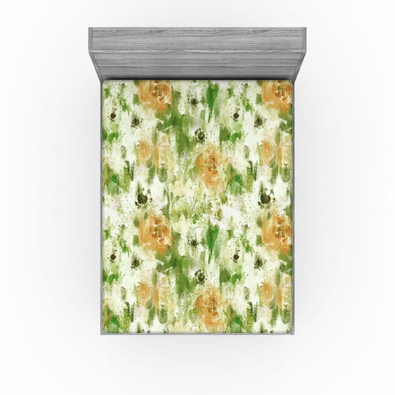 Ambesonne Leaves Greenery Fitted Sheet, Wild Poppy Rose Art, King Size, Olive Green and Peach