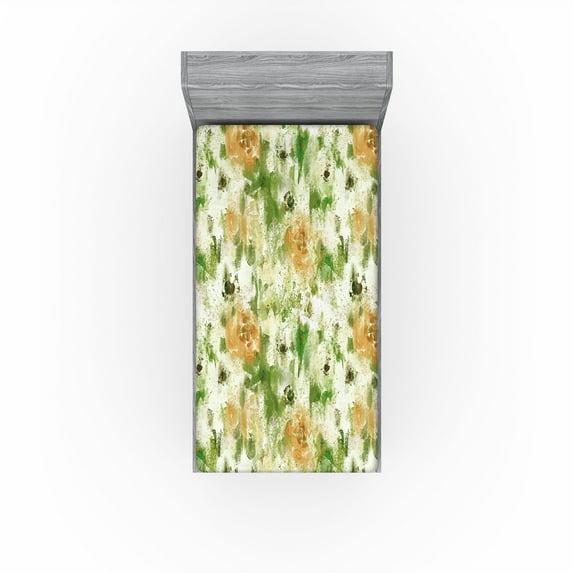 Ambesonne Leaves Greenery Fitted Sheet, Wild Poppy Rose Art, Twin Size, Olive Green and Peach