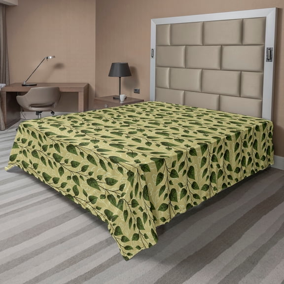 Ambesonne Leaves Greenery Flat Bedding Sheet Soft Top Sheet, Horizontal Leaf Art, Queen, Avocado Green and Fern Green