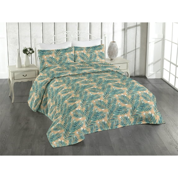 Ambesonne Leaves Greenery Quilted Bedspread Set 3 Pcs, Art Leafy Pattern, Twin, Salmon White Sea Green