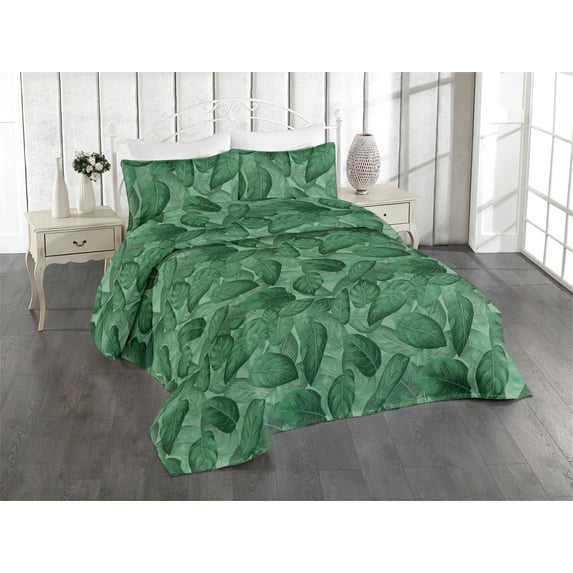 Ambesonne Leaves Greenery Quilted Bedspread Set 3 Pcs, Botany Gaultheria, Queen, Fern Green Forest Green